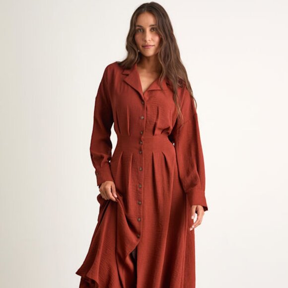 Lulus Timeless Class Rust Collared Button-up Pleated Midi Dress Rust size S - Picture 1 of 3
